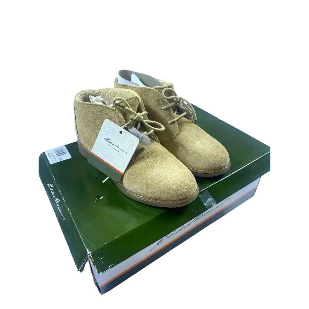 NEW Eddie Bauer Tan Suede Ankle Boot Lace Up Faux Shearling Lining Womens Size 7